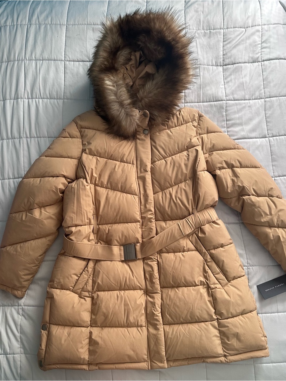 Tommy Hilfiger Camel Belted Puffer Coat with Faux Fur Hood